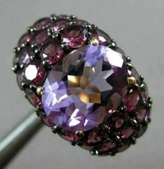 ANTIQUE LARGE 4.72CT AAA ROUND PINK GARNET & OVAL AMETHYST 14KT YELLOW GOLD RING