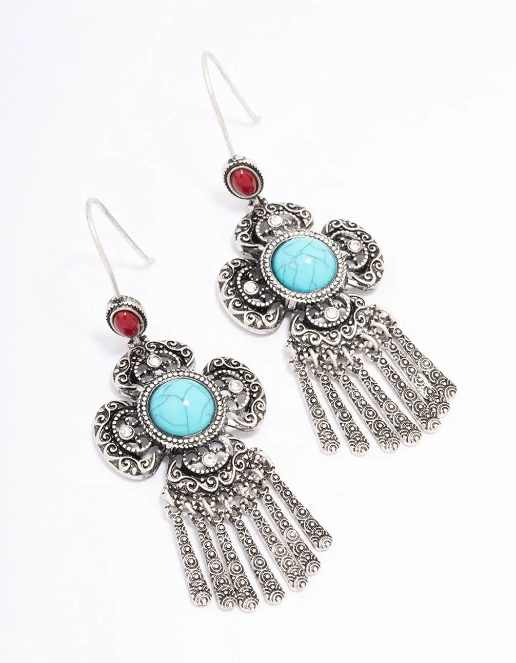 Antique Silver Fringe Cluster Boho Drop Earrings