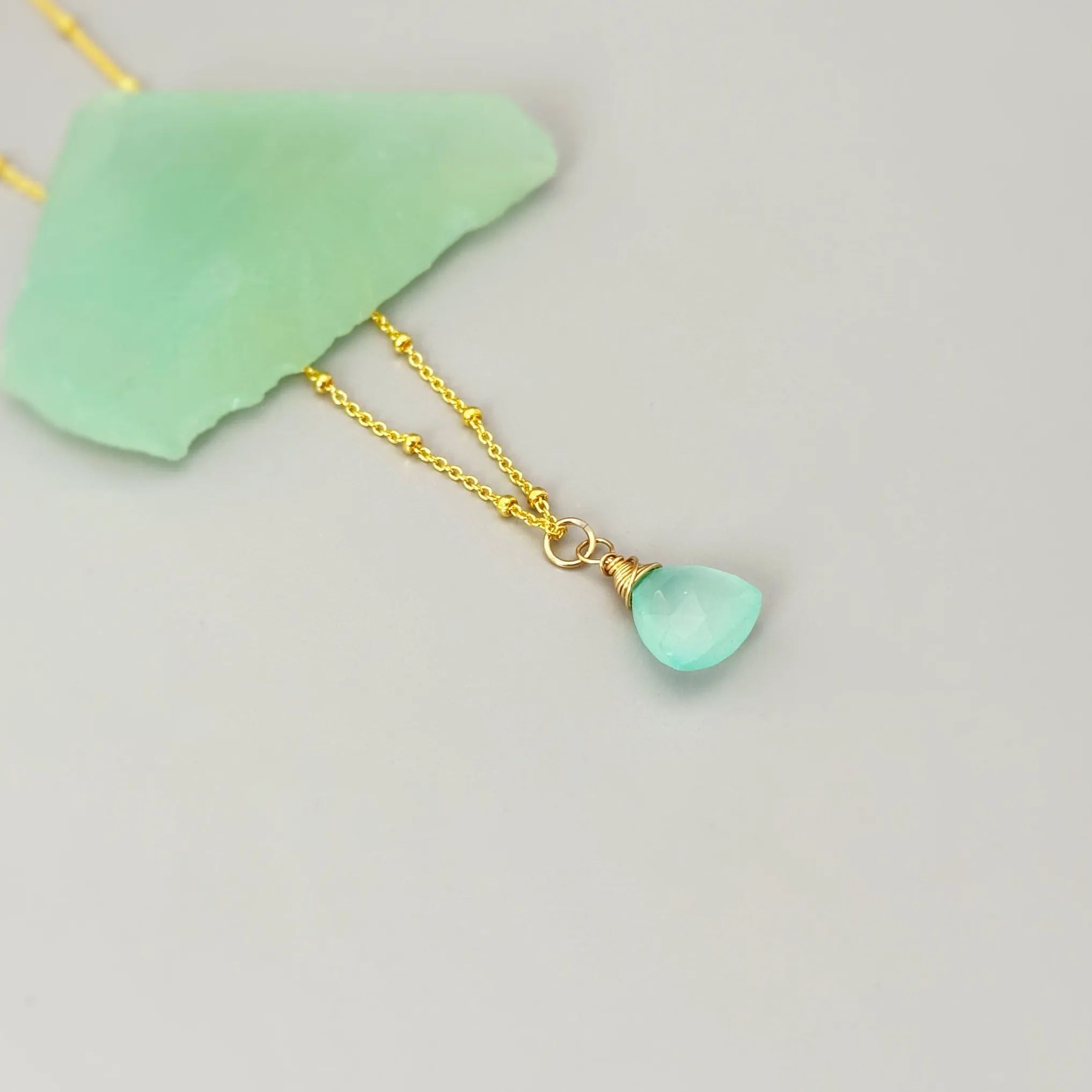 Aqua Green Chalcedony Necklace Gold, silver, rose gold