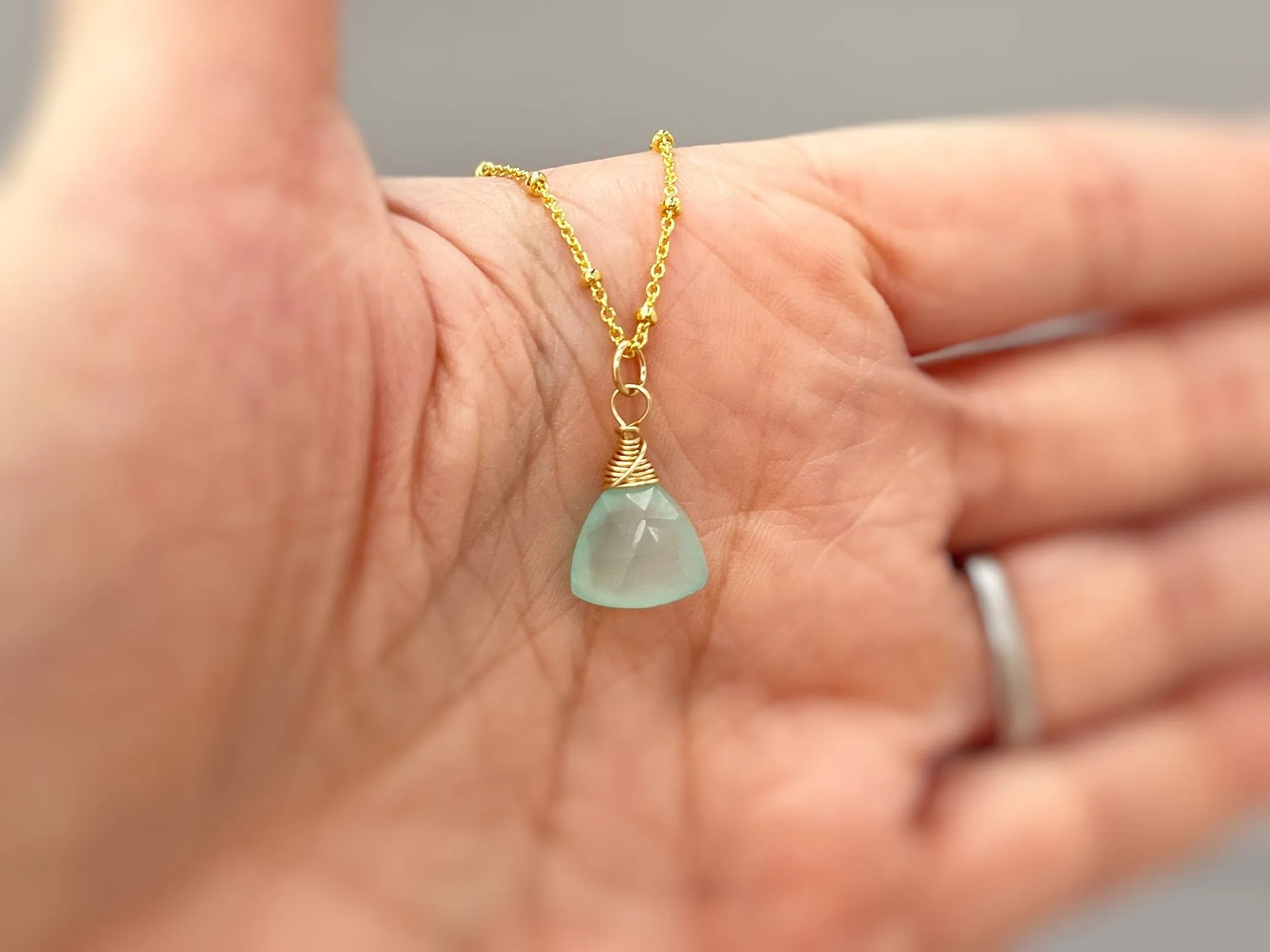 Aqua Green Chalcedony Necklace Gold, silver, rose gold