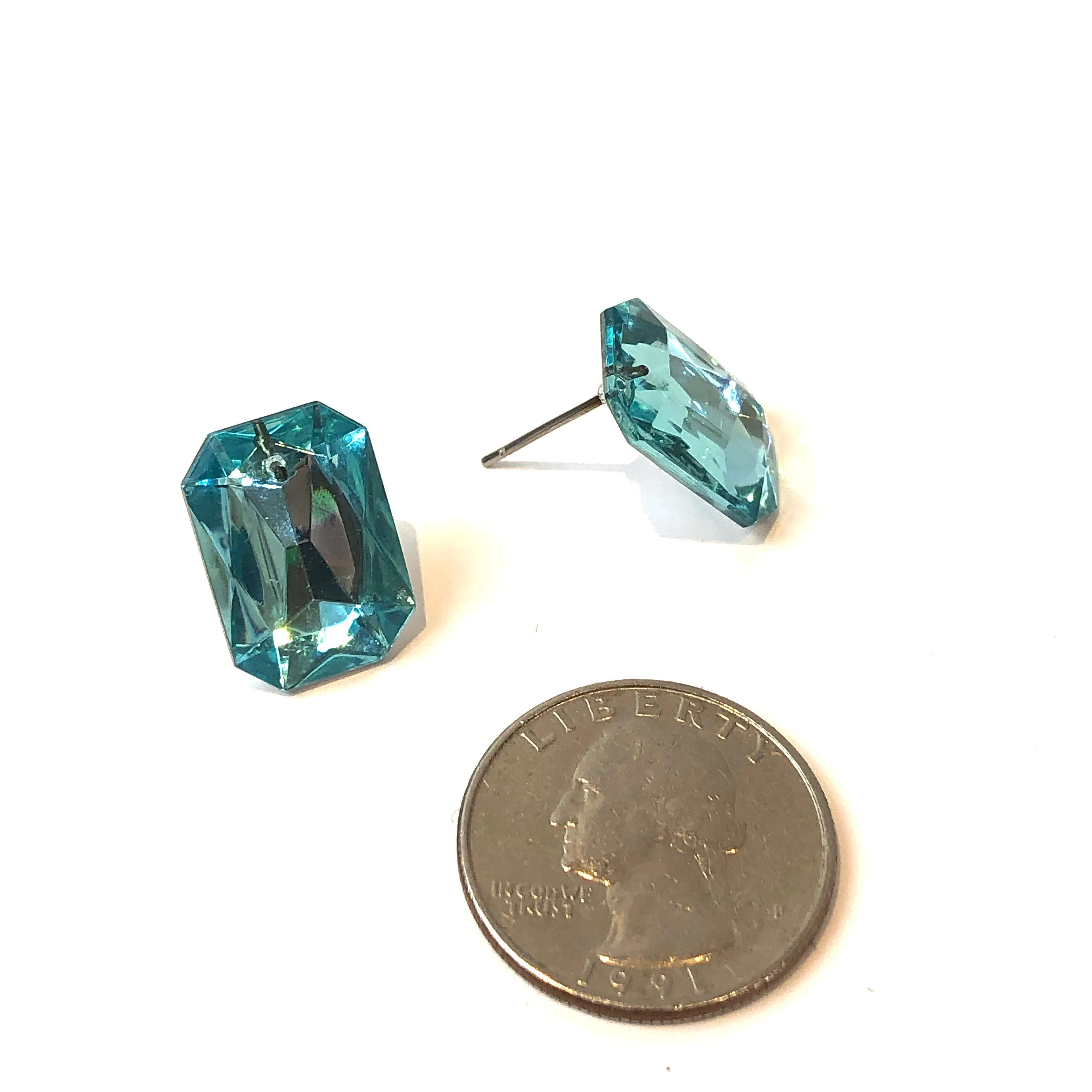 Aquamarine Faceted Rectangle Shine-On Stud Earrings