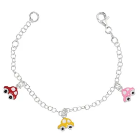 Baby Bracelet With Colorful Dangling Car Charms In Sterling Silver - 6 Inches