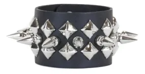 Black Leather Bracelet w/ Silver Spikes and Diamond Stud Details