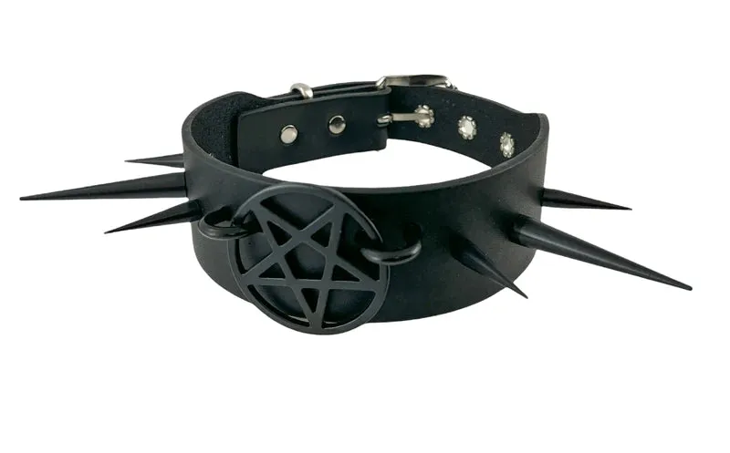 Black Leather Collar w/ Black U Ring, Spikes and Pentagram