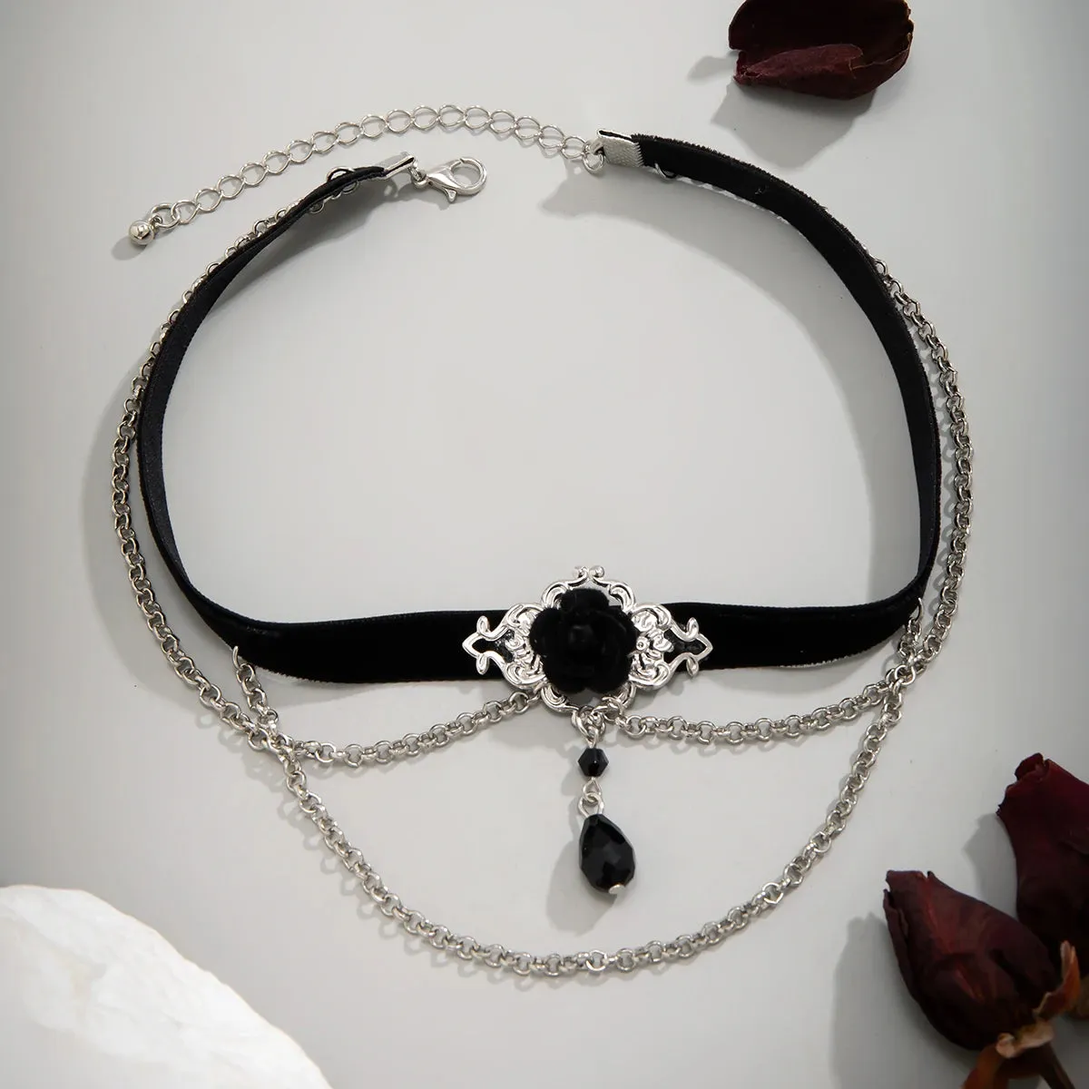 Black Velvet Choker w/ Black Flower, Gem and Hanging Chains