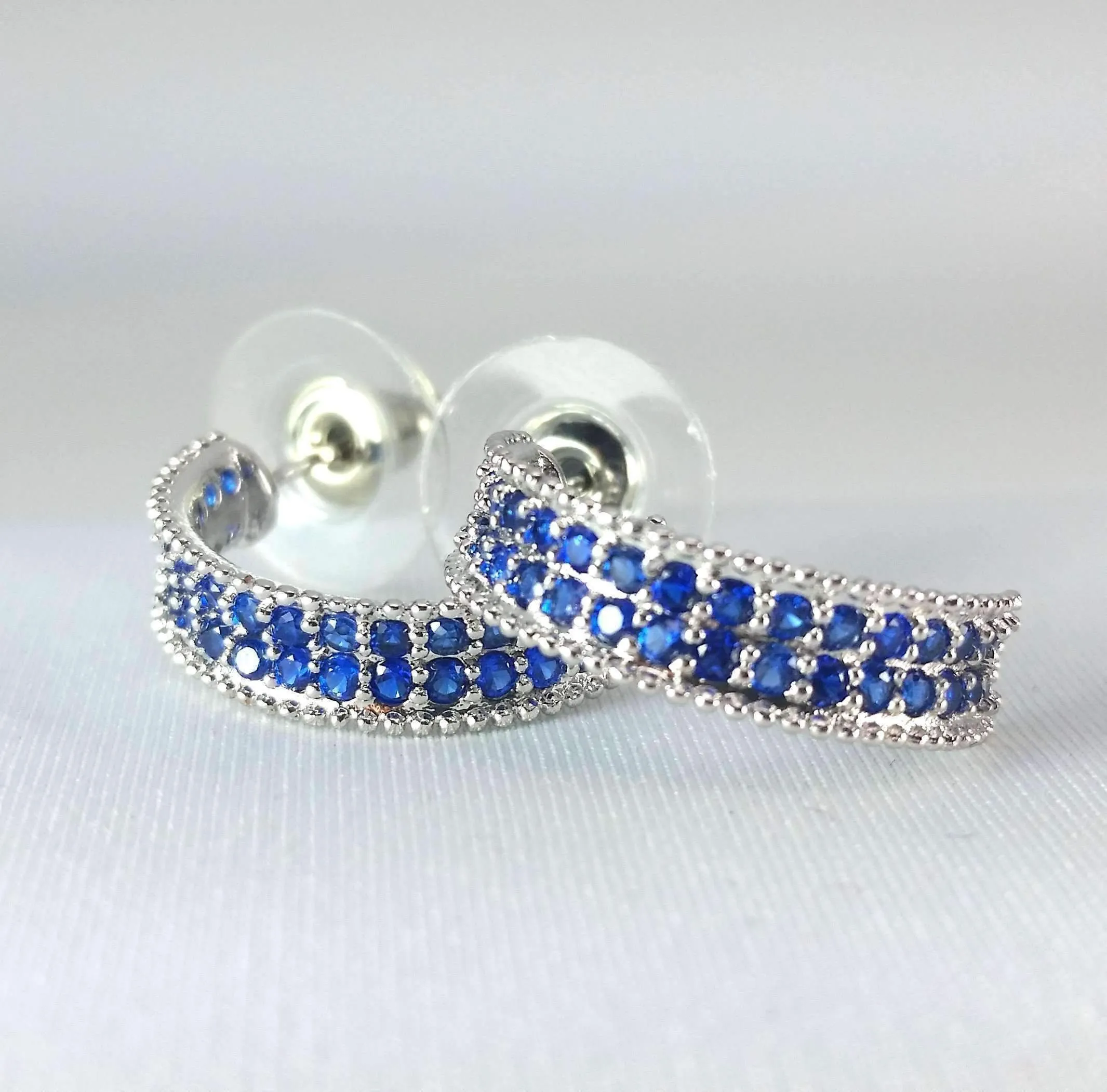 Blue Crystal Encrusted Half Hoop Earrings