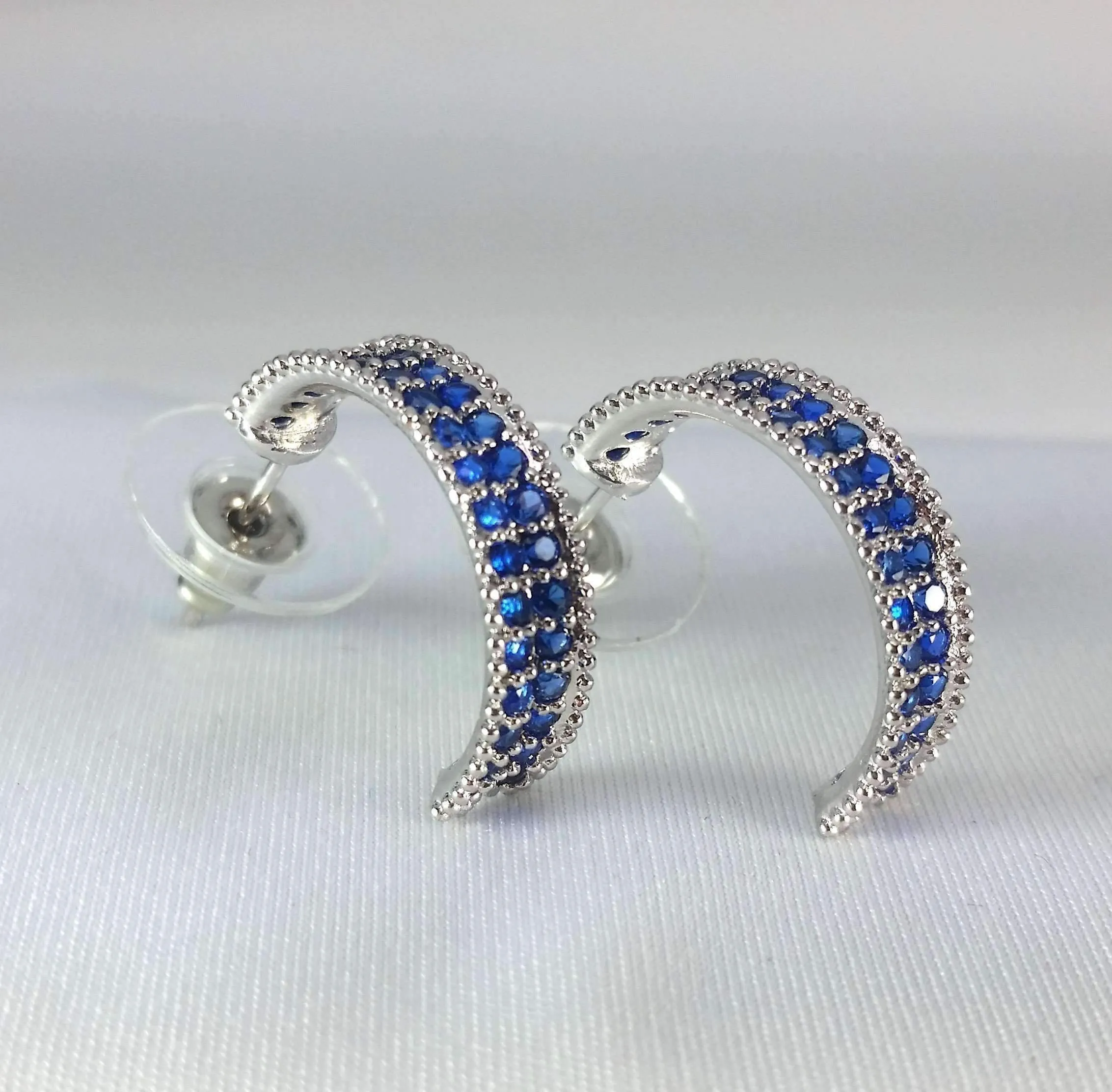 Blue Crystal Encrusted Half Hoop Earrings