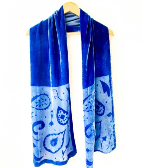 Blue Designer Silk Devore Paisley Scarf