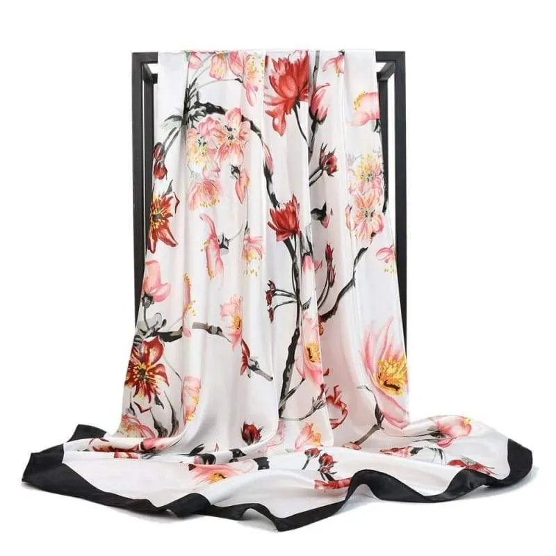 Boho Satin White Scarf Floral