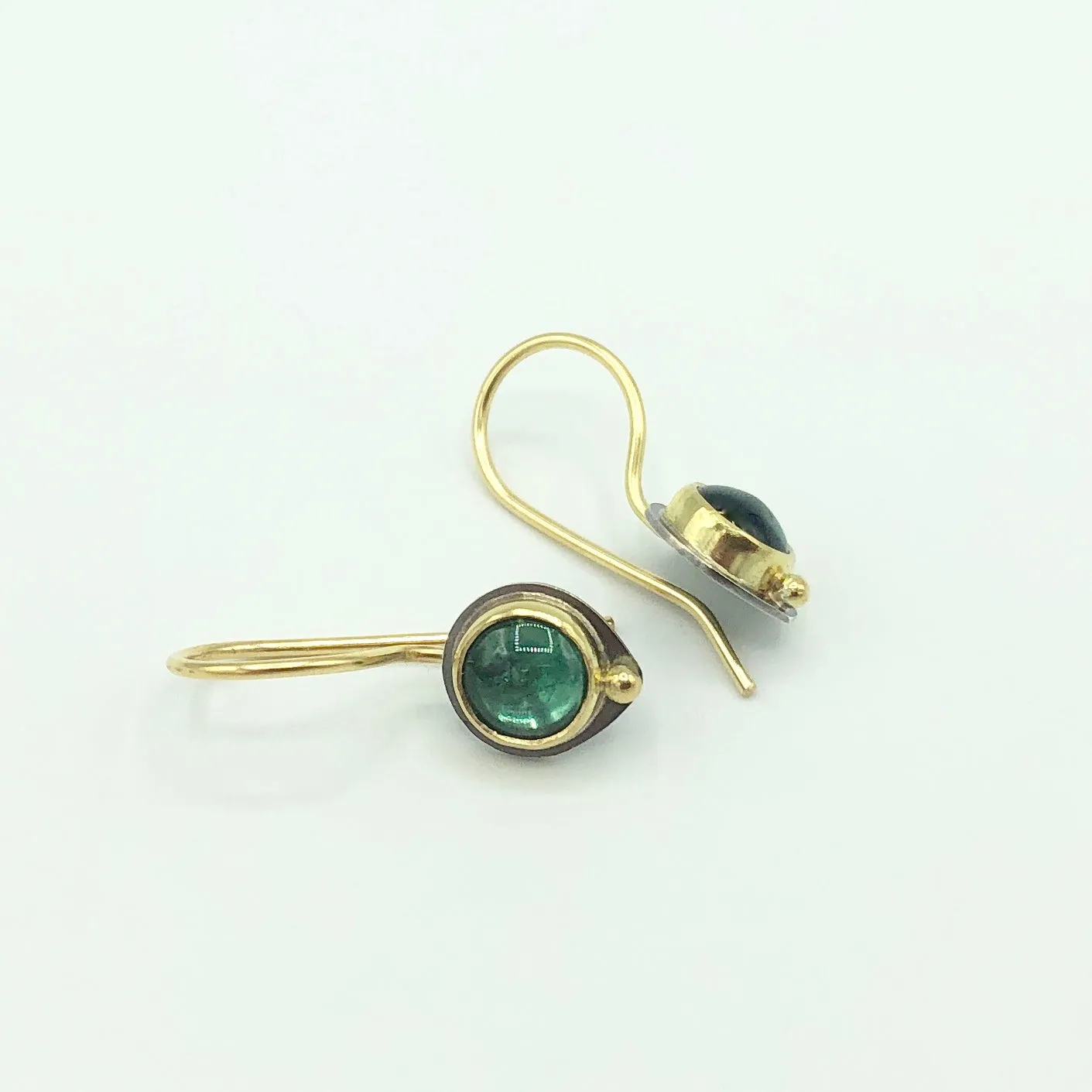 Brazilian Aqua Green Tourmlaine 18k Gold on Oxidized Silver Earrings