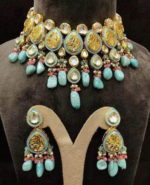 Choker Druzy Meena Kundan Neckkace Set