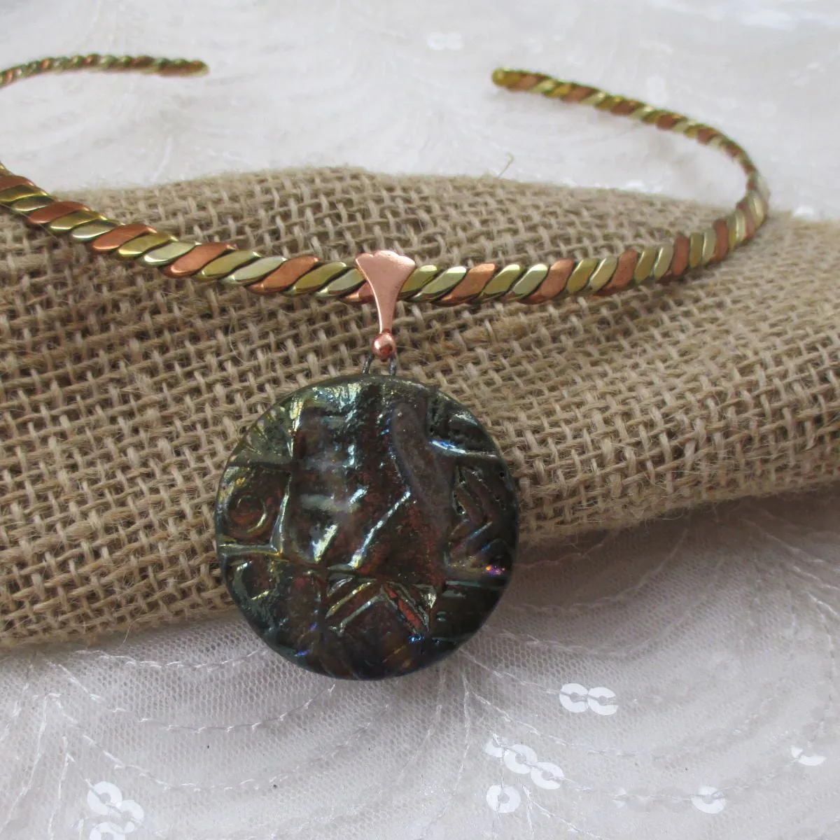 Choker with Statement Iridescent Blue Handmade Pendant Raku Glaze