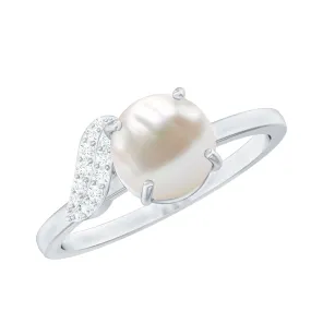 Classic Freshwater Pearl Solitaire Ring with Diamond Leaf