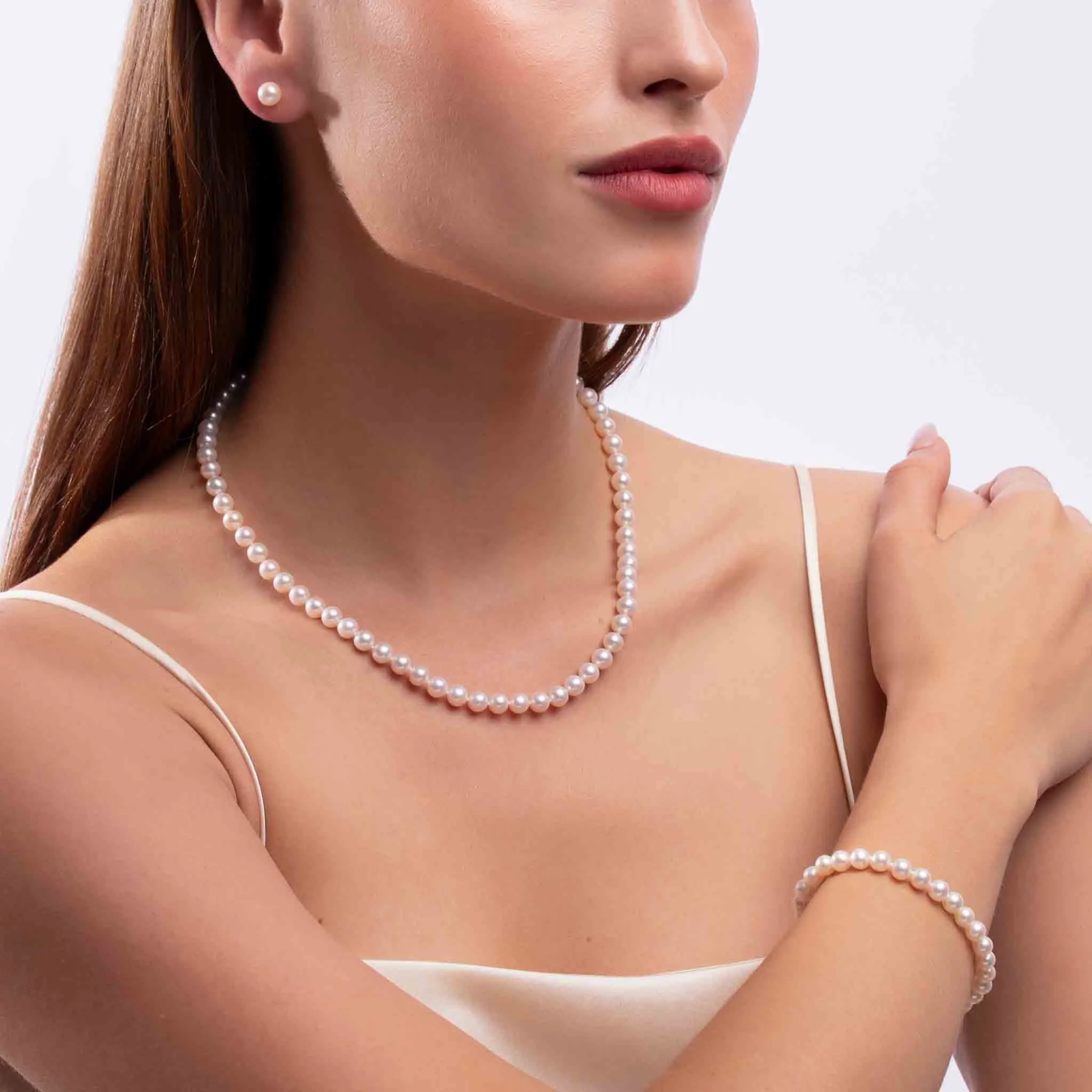 Classic White Freshwater Pearl Necklace, Bracelet & Earring Set in 18k Gold