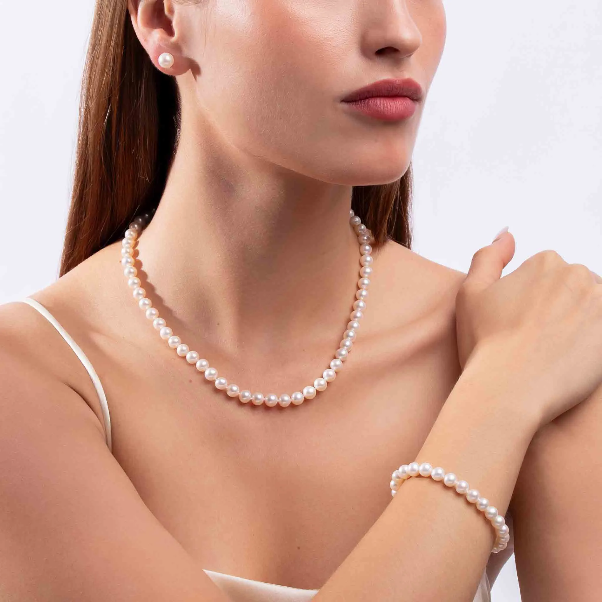 Classic White Freshwater Pearl Necklace, Bracelet & Earring Set in 18k Gold