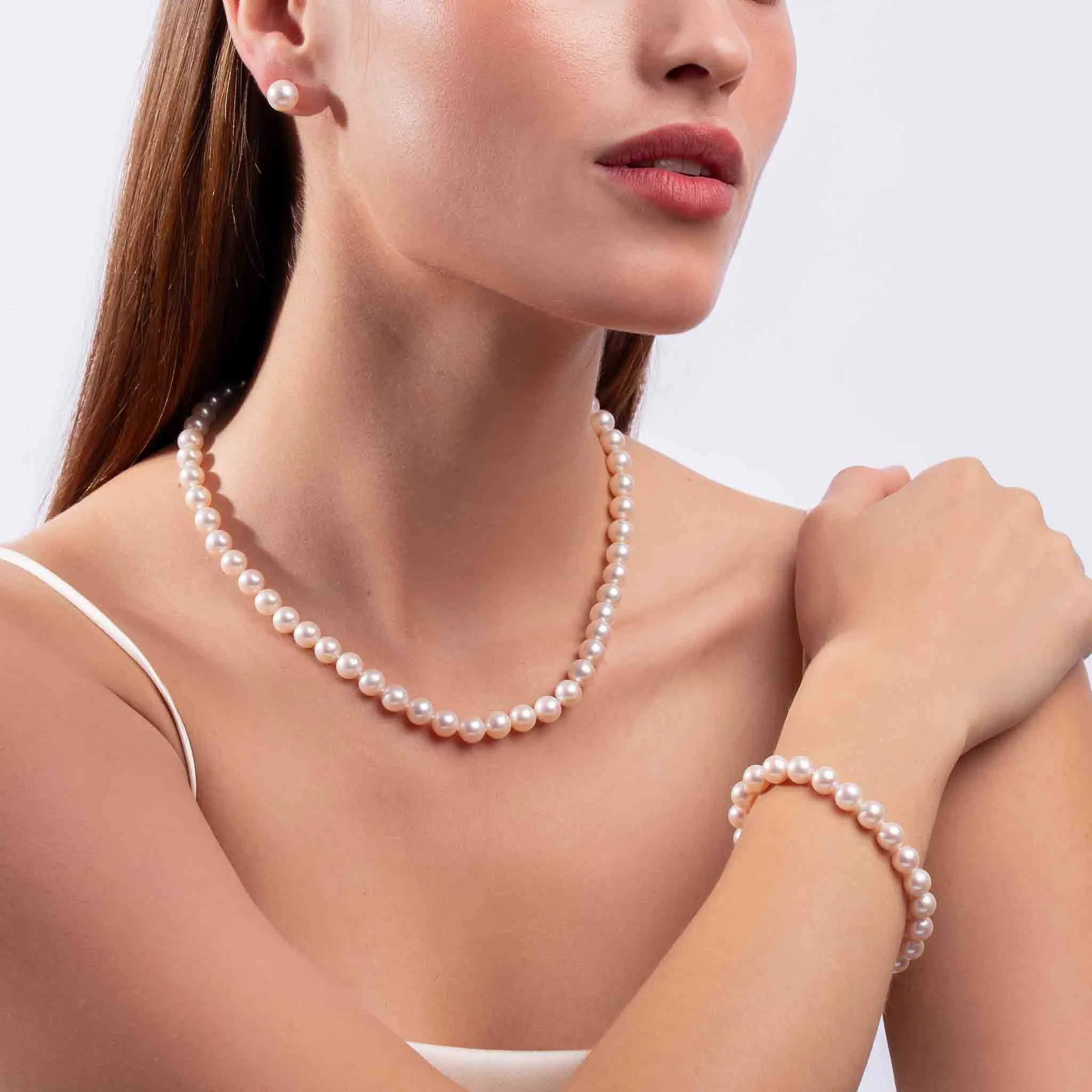 Classic White Freshwater Pearl Necklace, Bracelet & Earring Set in 18k Gold