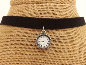 Clock face Dome Pendant on Black Choker Cord Necklace