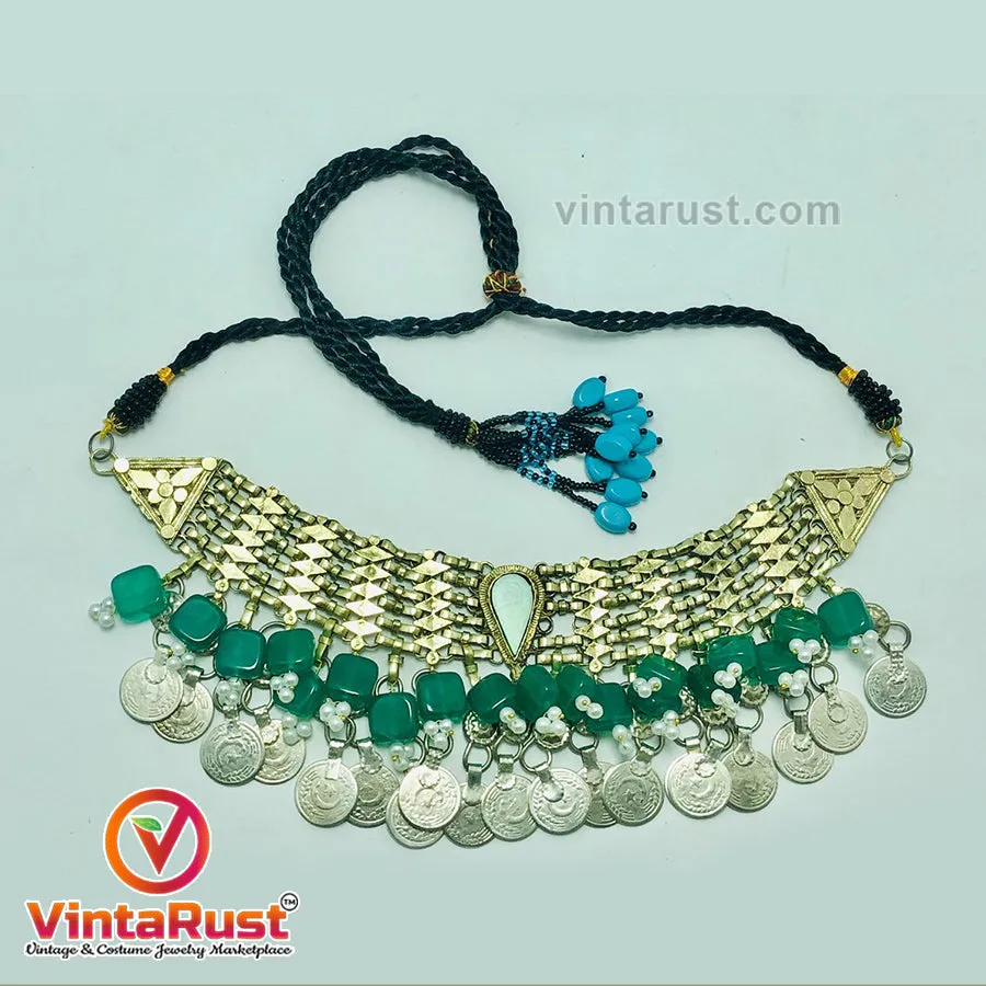 Coins Choker Necklace With Green Glass Stones and Beads