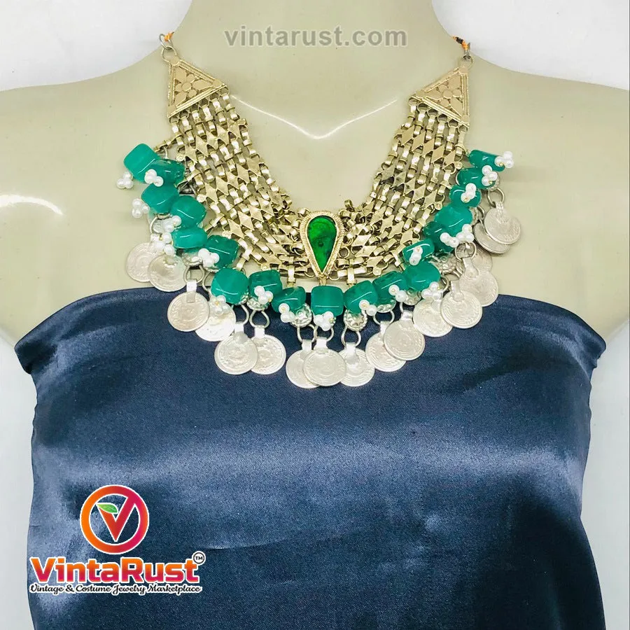 Coins Choker Necklace With Green Glass Stones and Beads