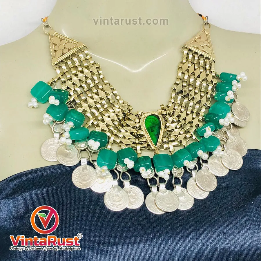 Coins Choker Necklace With Green Glass Stones and Beads