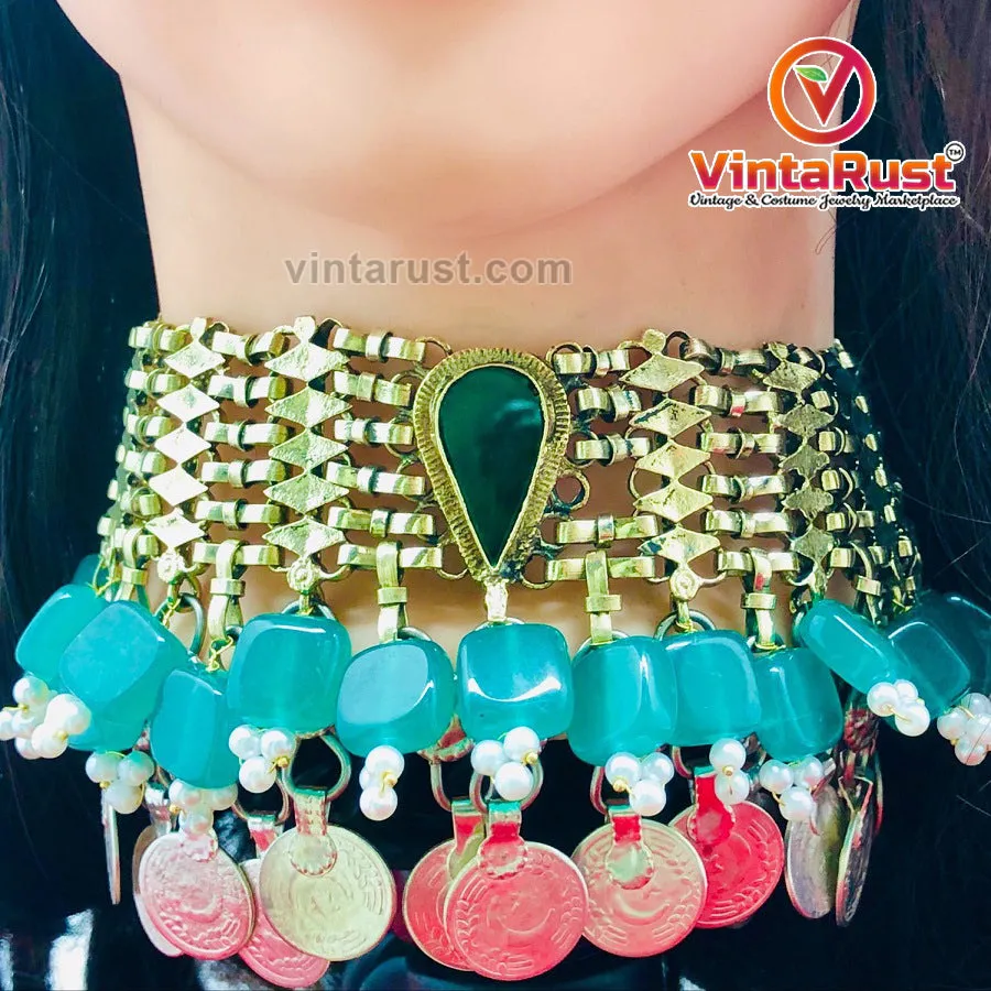 Coins Choker Necklace With Green Glass Stones and Beads