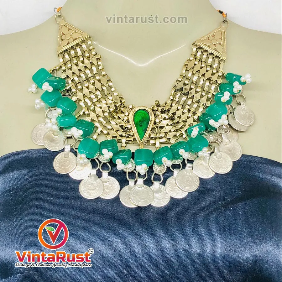 Coins Choker Necklace With Green Glass Stones and Beads