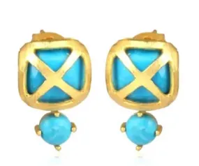 Criss Cross Turquoise Gemstone Gold Stud Earrings 1”