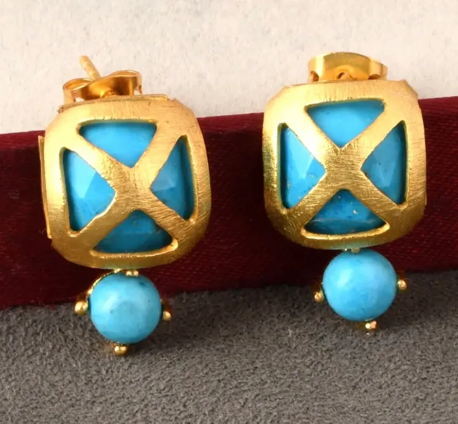 Criss Cross Turquoise Gemstone Gold Stud Earrings 1”