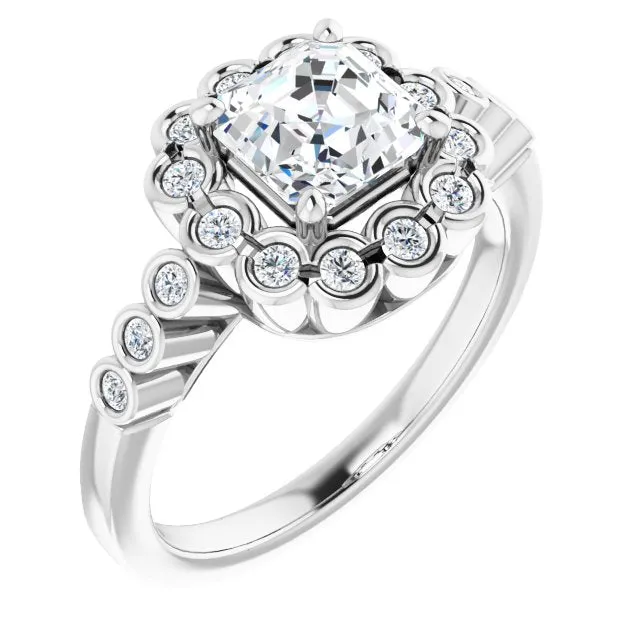 Cubic Zirconia Engagement Ring- The Berkley (Customizable Asscher Cut Design with Round-bezel Halo and Band Accents)