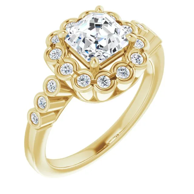 Cubic Zirconia Engagement Ring- The Berkley (Customizable Asscher Cut Design with Round-bezel Halo and Band Accents)