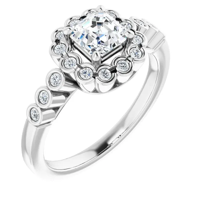 Cubic Zirconia Engagement Ring- The Berkley (Customizable Asscher Cut Design with Round-bezel Halo and Band Accents)