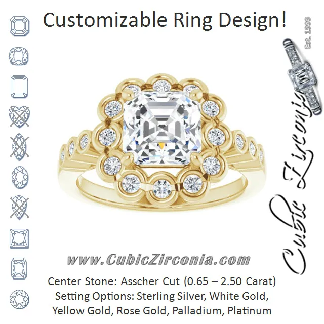 Cubic Zirconia Engagement Ring- The Berkley (Customizable Asscher Cut Design with Round-bezel Halo and Band Accents)