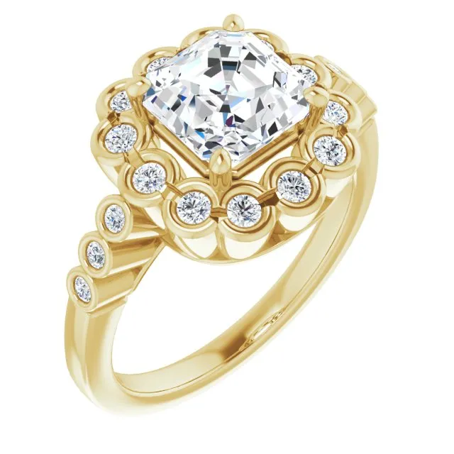 Cubic Zirconia Engagement Ring- The Berkley (Customizable Asscher Cut Design with Round-bezel Halo and Band Accents)