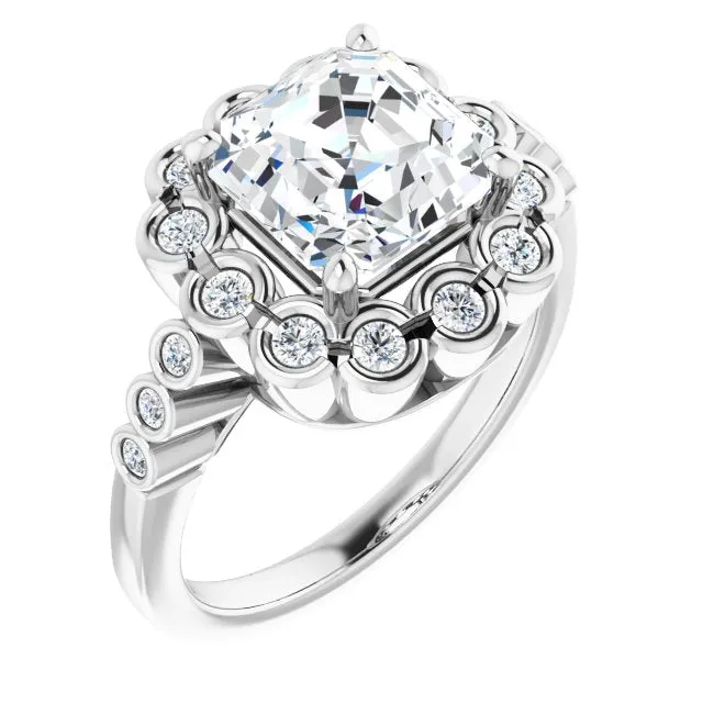 Cubic Zirconia Engagement Ring- The Berkley (Customizable Asscher Cut Design with Round-bezel Halo and Band Accents)