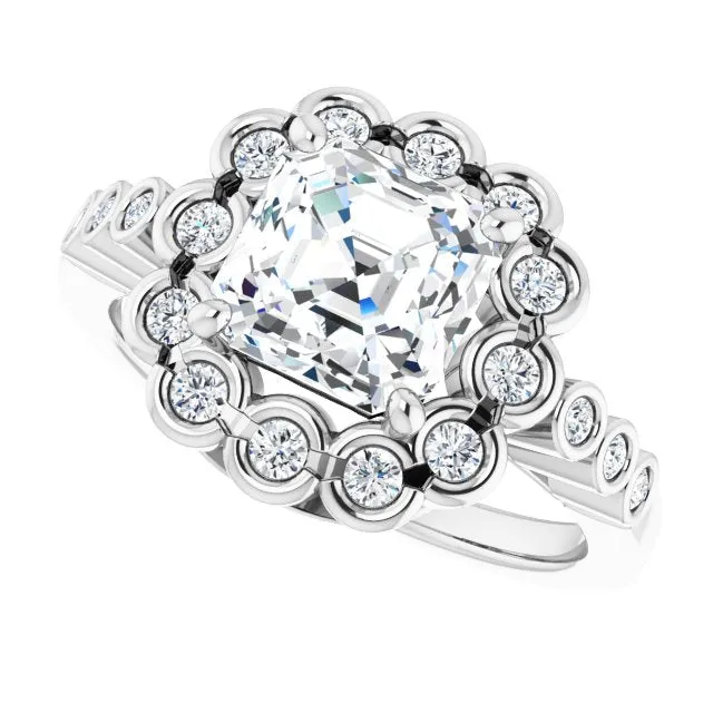 Cubic Zirconia Engagement Ring- The Berkley (Customizable Asscher Cut Design with Round-bezel Halo and Band Accents)