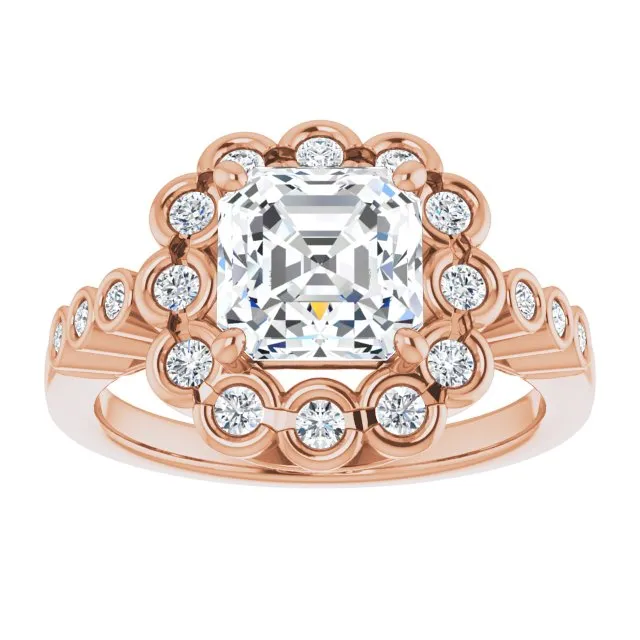 Cubic Zirconia Engagement Ring- The Berkley (Customizable Asscher Cut Design with Round-bezel Halo and Band Accents)