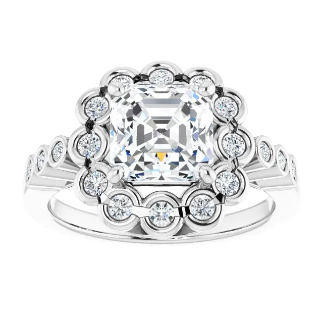 Cubic Zirconia Engagement Ring- The Berkley (Customizable Asscher Cut Design with Round-bezel Halo and Band Accents)