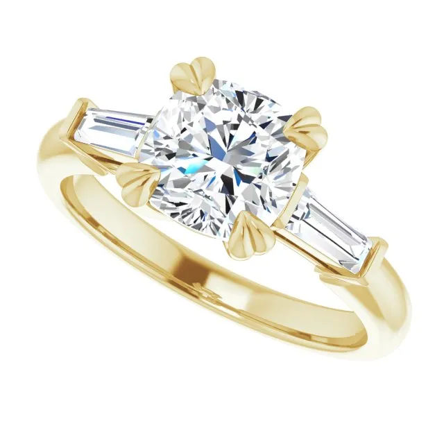 Cubic Zirconia Engagement Ring- The Betyhelena (Customizable 3-stone Cushion Cut Design with Tapered Baguettes)