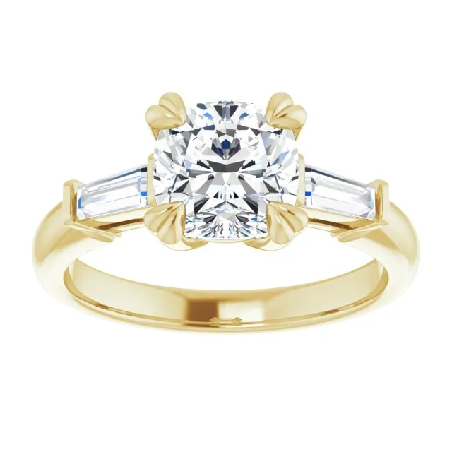 Cubic Zirconia Engagement Ring- The Betyhelena (Customizable 3-stone Cushion Cut Design with Tapered Baguettes)