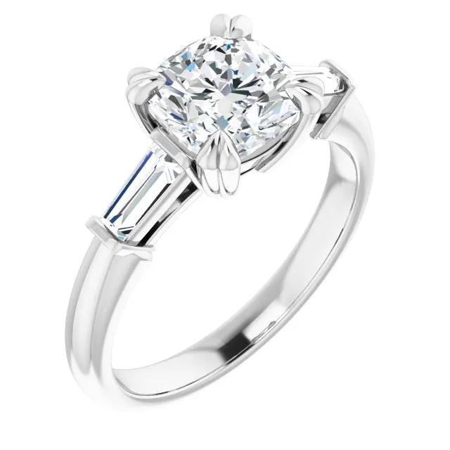 Cubic Zirconia Engagement Ring- The Betyhelena (Customizable 3-stone Cushion Cut Design with Tapered Baguettes)