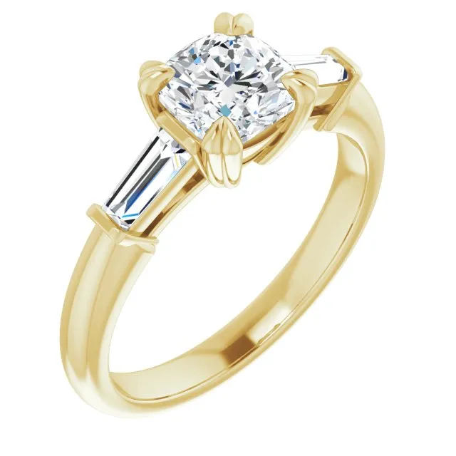 Cubic Zirconia Engagement Ring- The Betyhelena (Customizable 3-stone Cushion Cut Design with Tapered Baguettes)