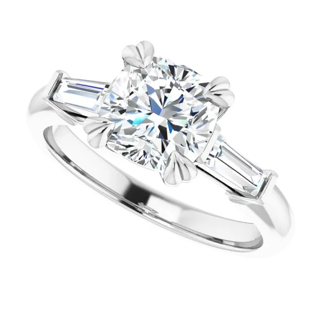 Cubic Zirconia Engagement Ring- The Betyhelena (Customizable 3-stone Cushion Cut Design with Tapered Baguettes)