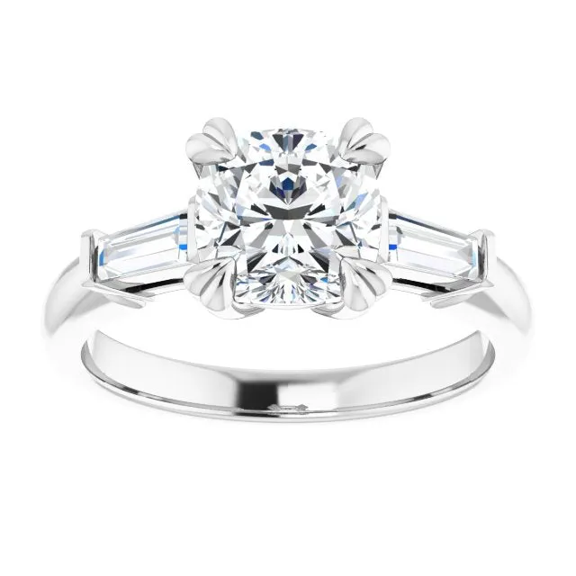 Cubic Zirconia Engagement Ring- The Betyhelena (Customizable 3-stone Cushion Cut Design with Tapered Baguettes)