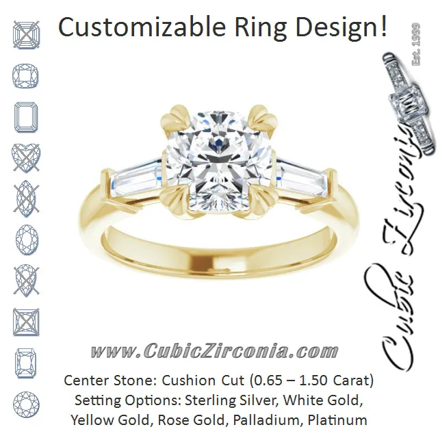 Cubic Zirconia Engagement Ring- The Betyhelena (Customizable 3-stone Cushion Cut Design with Tapered Baguettes)