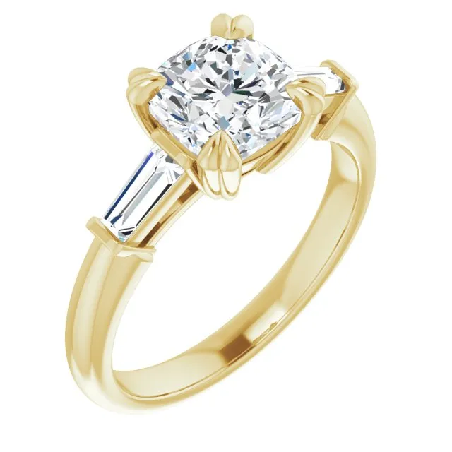 Cubic Zirconia Engagement Ring- The Betyhelena (Customizable 3-stone Cushion Cut Design with Tapered Baguettes)