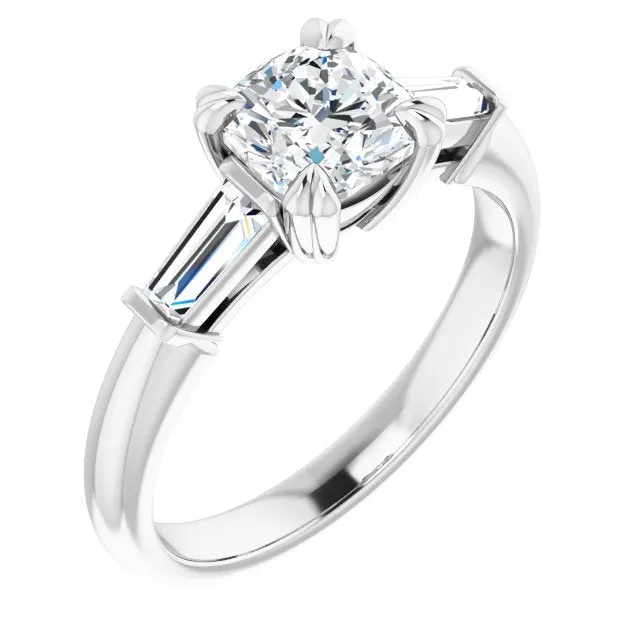 Cubic Zirconia Engagement Ring- The Betyhelena (Customizable 3-stone Cushion Cut Design with Tapered Baguettes)