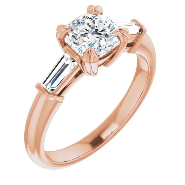 Cubic Zirconia Engagement Ring- The Betyhelena (Customizable 3-stone Cushion Cut Design with Tapered Baguettes)