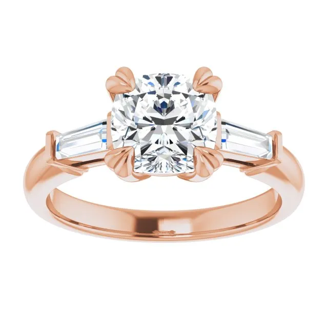 Cubic Zirconia Engagement Ring- The Betyhelena (Customizable 3-stone Cushion Cut Design with Tapered Baguettes)