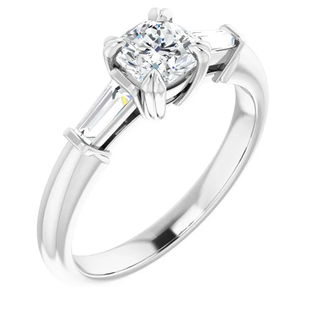 Cubic Zirconia Engagement Ring- The Betyhelena (Customizable 3-stone Cushion Cut Design with Tapered Baguettes)