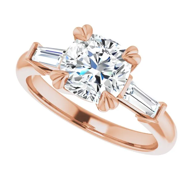 Cubic Zirconia Engagement Ring- The Betyhelena (Customizable 3-stone Cushion Cut Design with Tapered Baguettes)